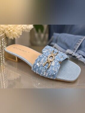 Unilady “Squares” Light Denim & Sequin Slides